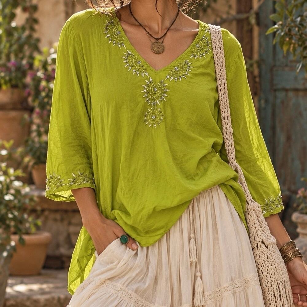 Y2K Valerie Stevens Sheer Lime Green Embroidered Silk Blend Blouse Size Large